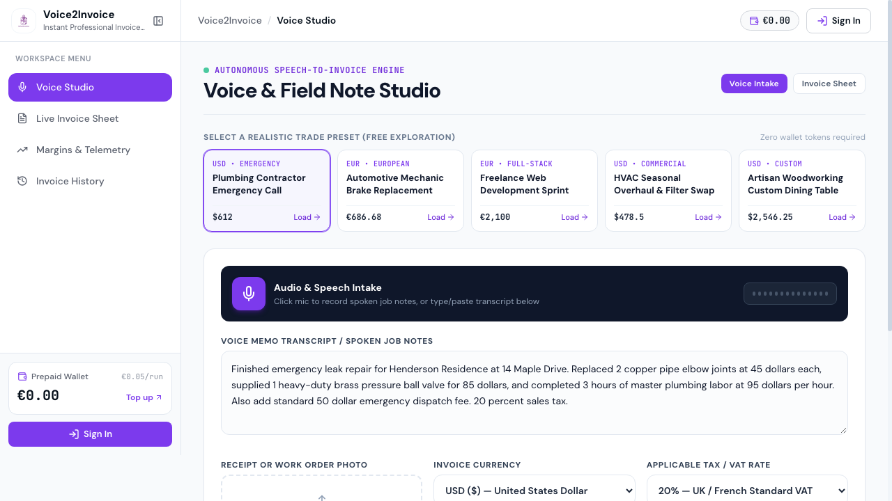 Voice2Invoice Live Workspace Interface